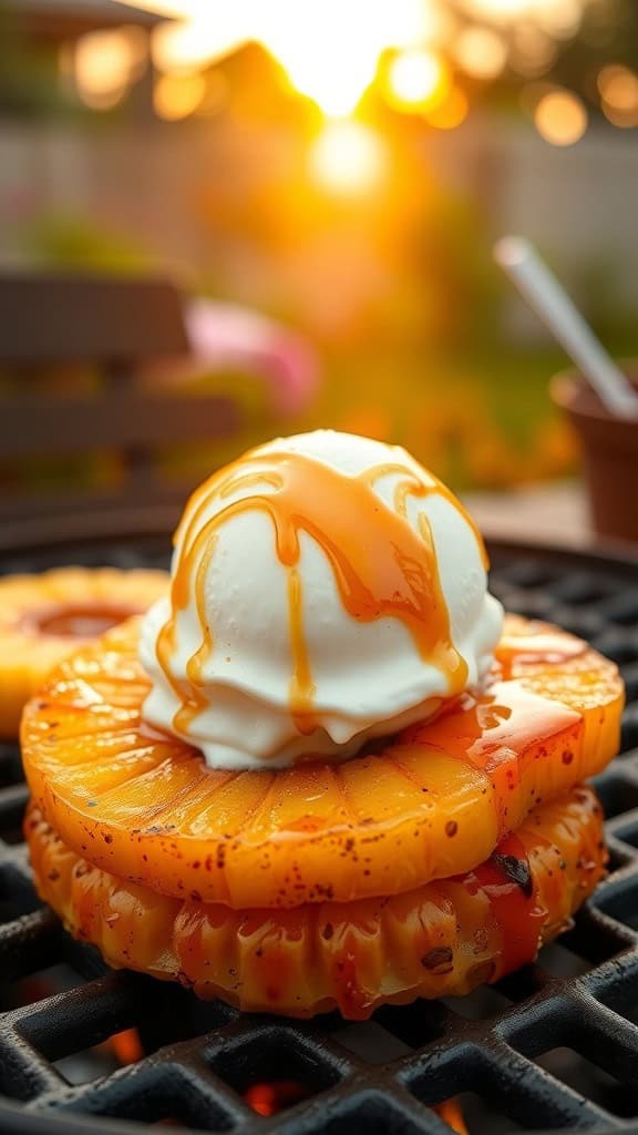 Delicious grilled pineapple sundae with ice cream and caramel drizzle