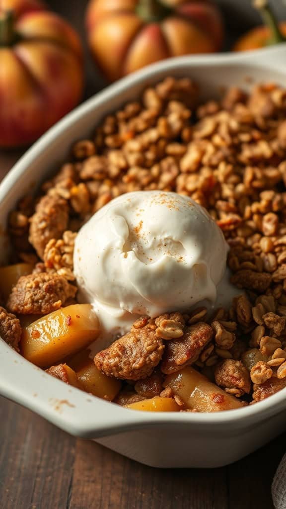 A dish of classic apple crisp topped with vanilla ice cream and surrounded by fresh apples.