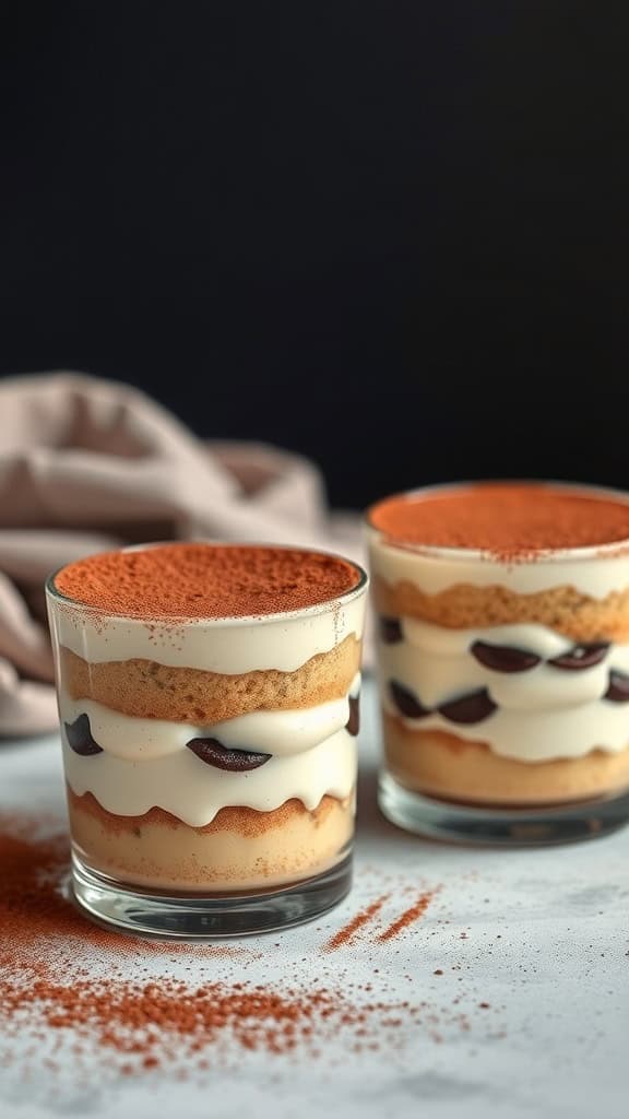 Two servings of tiramisu cups with layers of mascarpone and ladyfingers, dusted with cocoa powder.