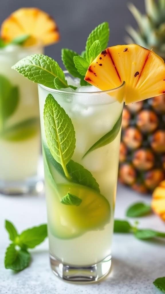 A refreshing Grilled Pineapple Mojito garnished with mint leaves and pineapple, served in a tall glass.