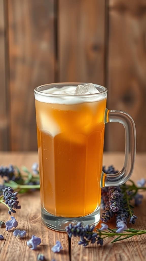 A refreshing lavender honey iced americano in a glass, surrounded by lavender flowers on a wooden table.