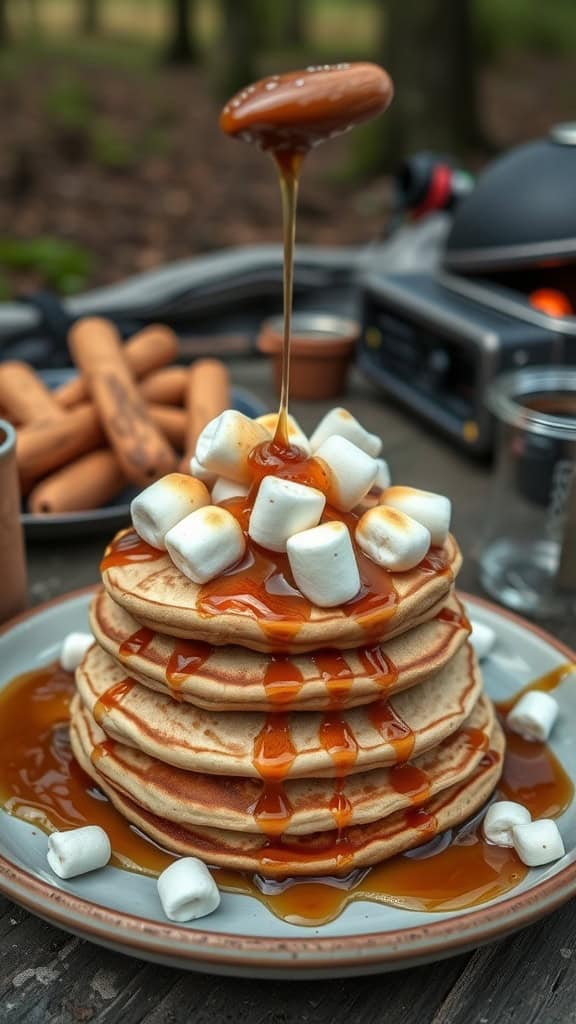 A plate of fluffy S'mores pancakes topped with mini marshmallows and caramel sauce
