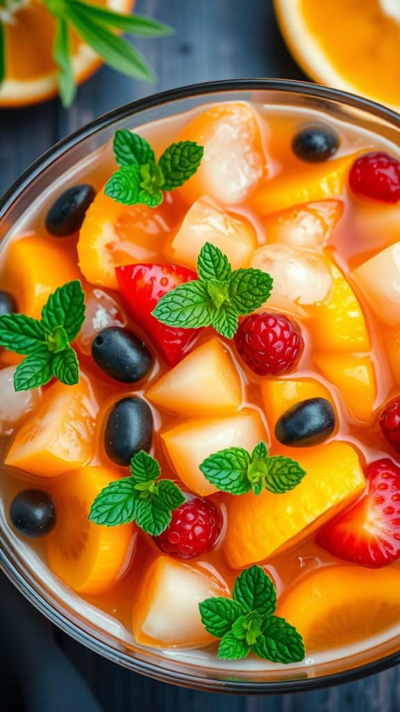 A refreshing bowl of tropical fruit punch with a colorful array of fruits and ice, garnished with mint.