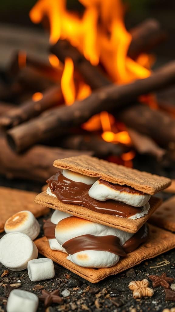 Chocolate hazelnut s'mores with toasted marshmallows and fire in the background