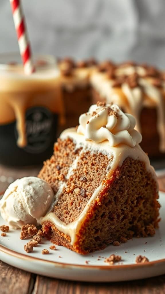 A slice of Root Beer Float Cake served with ice cream and topped with frosting.