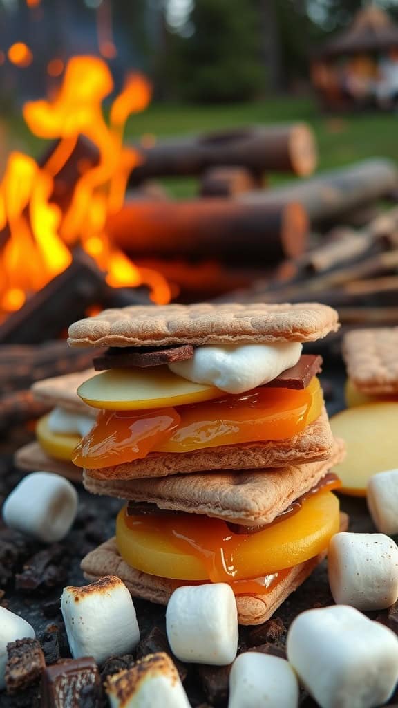 A stack of caramel apple s'mores featuring graham crackers, chocolate, roasted marshmallows, apple slices, and caramel sauce, with a campfire background.