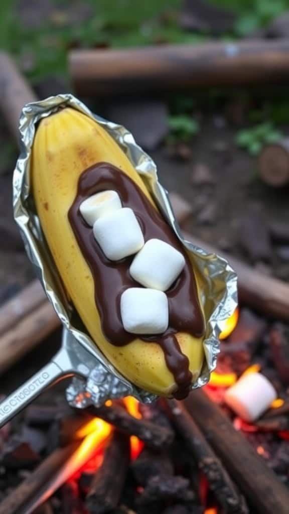 Campfire banana boats with chocolate and marshmallows roasting over an open fire