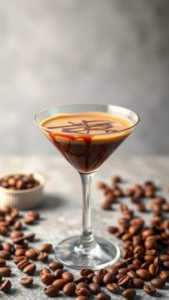 A chocolate hazelnut espresso martini in a glass, garnished with chocolate syrup, surrounded by coffee beans.