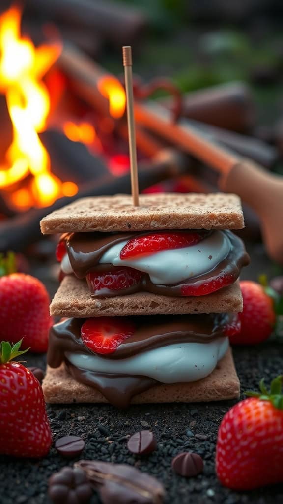 Nutella and strawberry s'mores stacked with a campfire in the background