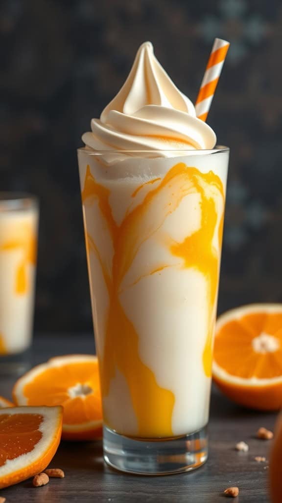 A creamy orange soda topped with whipped cream and garnished with an orange slice.