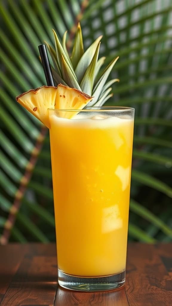 A tropical pineapple cold brew coffee drink garnished with a slice of pineapple.