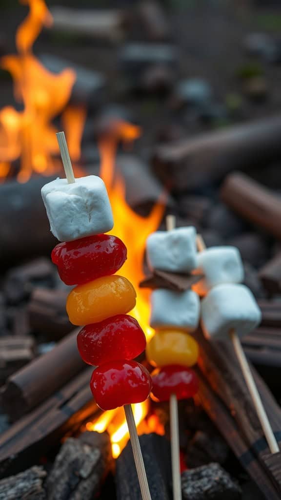 Colorful fruit skewers with marshmallows over a campfire
