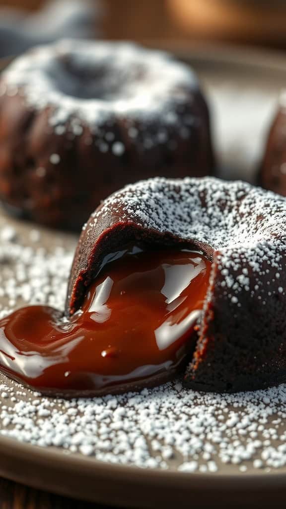 Delicious chocolate lava cake served with melted chocolate oozing out.