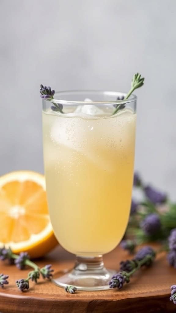 Lavender Lemonade Fizz in a glass with ice, surrounded by fresh lemons and lavender sprigs