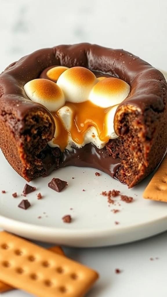 A delicious S'mores Lava Cake with gooey chocolate and toasted marshmallows