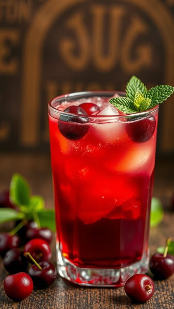 A refreshing Cherry Bourbon Smash cocktail garnished with fresh cherries and mint leaves.