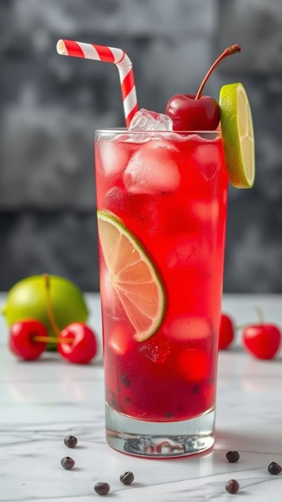 A vibrant Cherry Lime Rickey drink with ice, garnished with cherries and lime, perfect for a summer day.