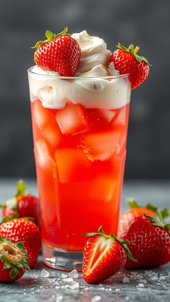 A tall glass of strawberry soda topped with whipped cream and fresh strawberries