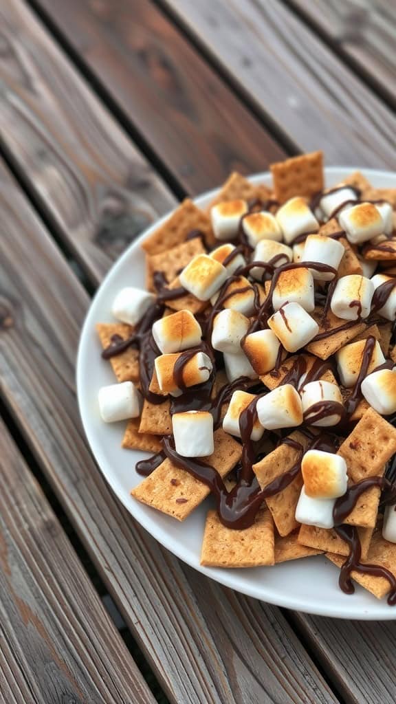 A delicious plate of S'mores nachos with toasted marshmallows and chocolate drizzle