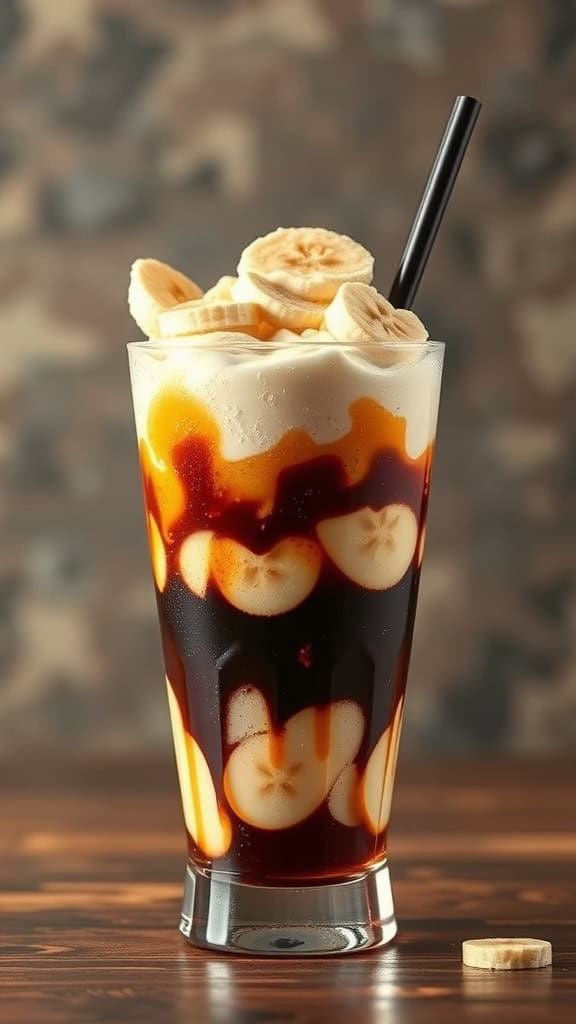 A delicious banana split soda with ice cream and banana slices topped with whipped cream and a cherry.