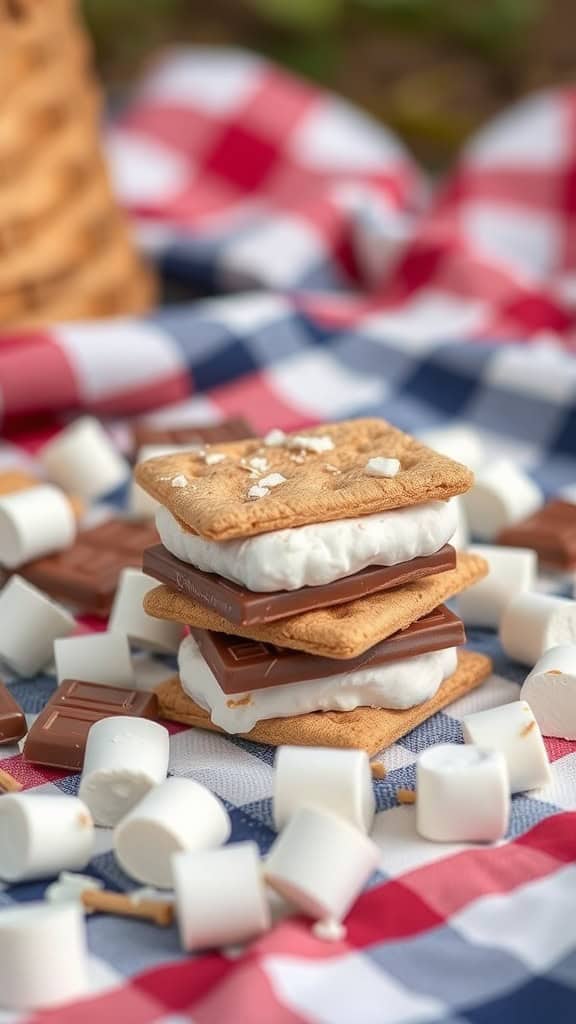 A stack of Coconut S'mores Delight with chocolate, graham crackers, and mini marshmallows on a picnic blanket.
