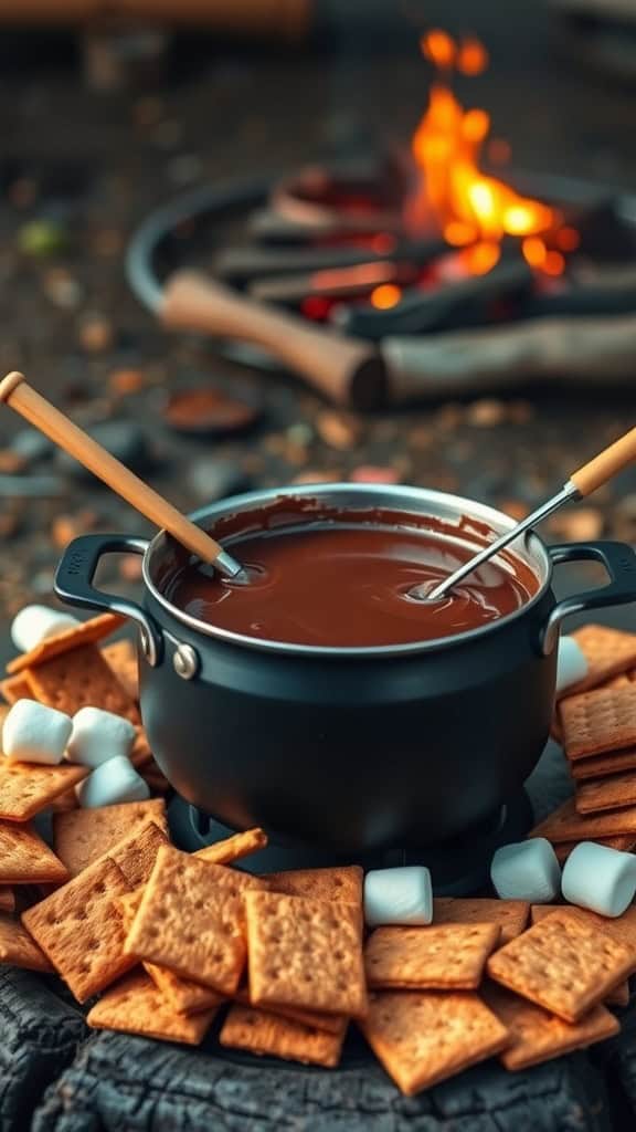 A pot of s'mores fondue surrounded by graham crackers and marshmallows, with a campfire in the background.