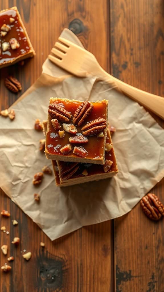 Delicious Chocolate Bourbon Pecan Pie Bars topped with pecans and a glossy caramel layer